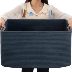 Large Blanket Basket, Storage Baskets with Handle, Rectangle Woven Cotton Rope Basket, Toy Organizer Bins, 22 x bifanuoyard