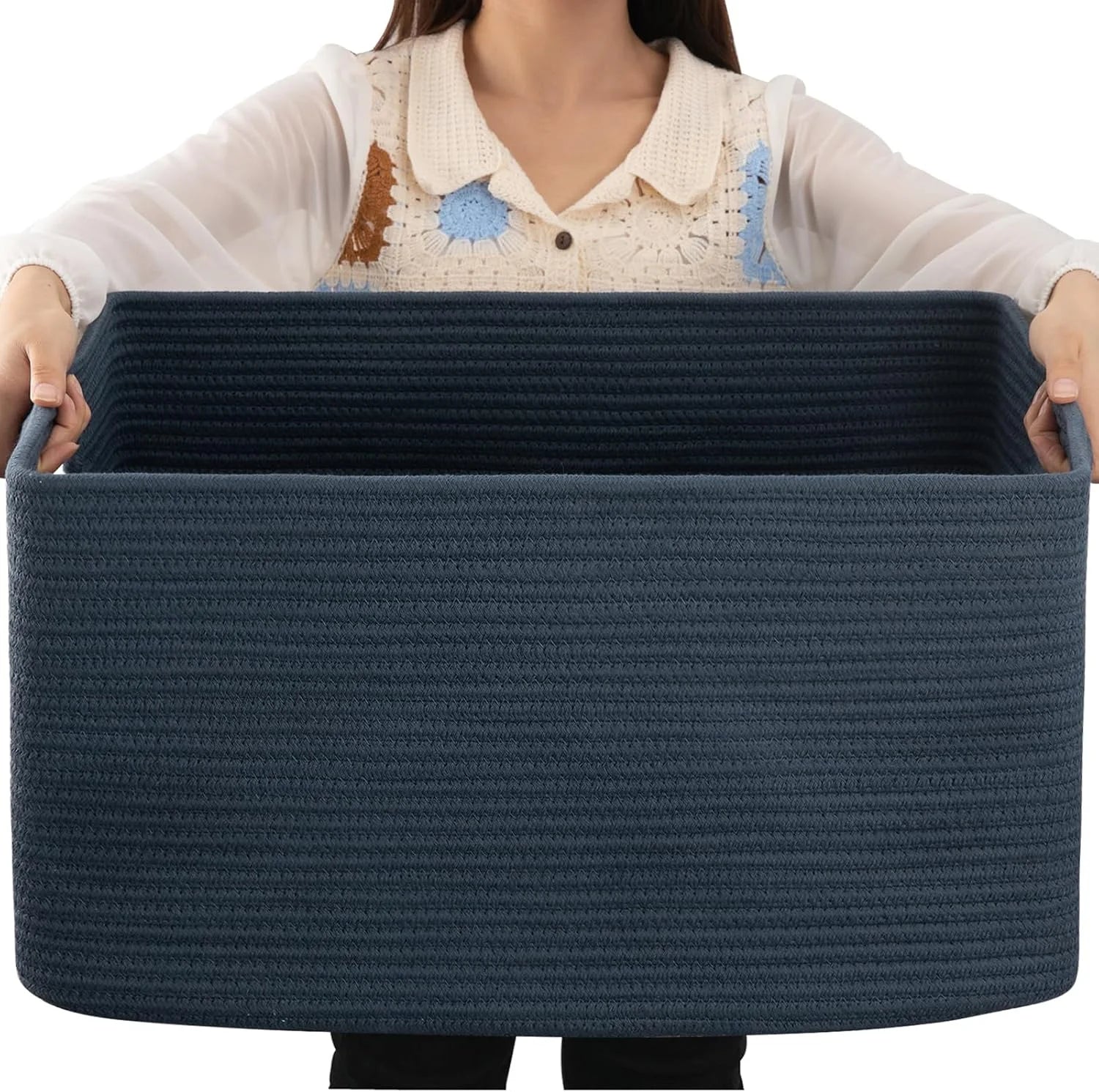 Large Blanket Basket, Storage Baskets with Handle, Rectangle Woven Cotton Rope Basket, Toy Organizer Bins, 22 x bifanuoyard