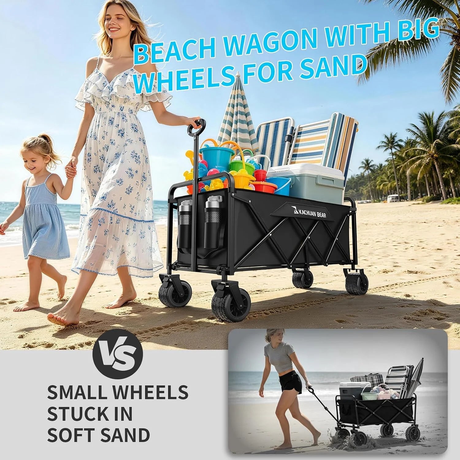 300L Wagons Carts Foldable Collapsible with Big All-Terrain Beach Wheels - Image 2