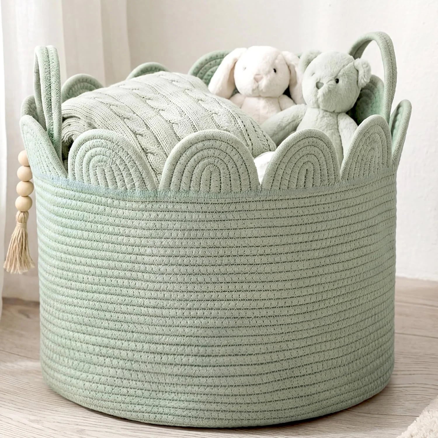 Woven Basket Brown, 16 L X 16 W X 14 H, Large Storage for Blankets Toys Laundry, Cotton Rope Scalloped Edge bifanuoyard - Image 2