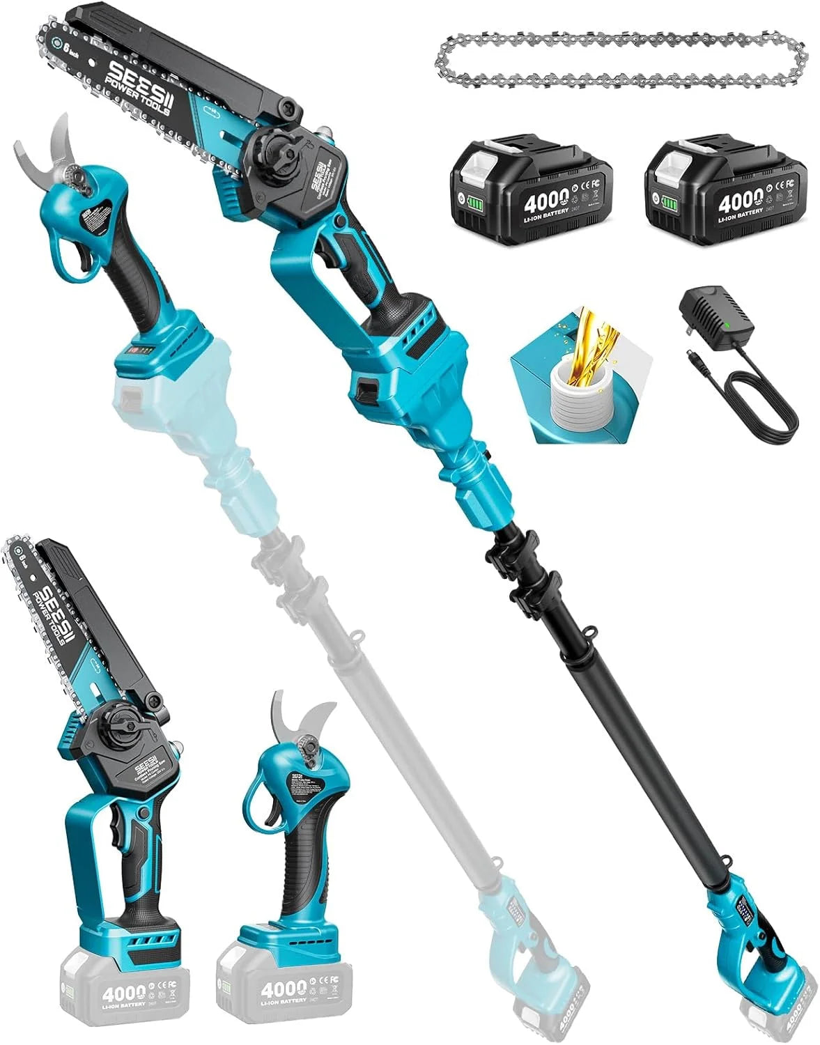 SEESII 4-in-1 Pole Saw & Pruning Shears Combo Kit with Brushless Motor