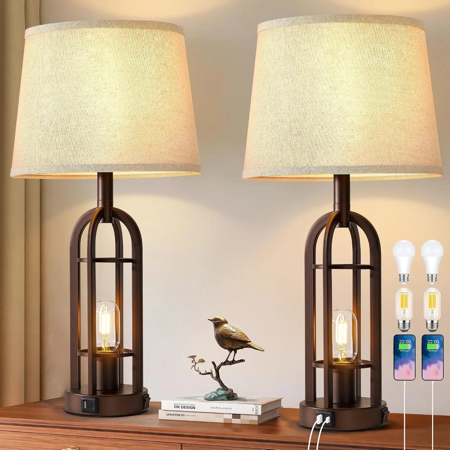 New Arrivals Black Table Lamps for Living Room Set of 2, Farmhouse Lamps for Night Stands with USB A+C - Image 3