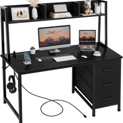 Alternative view of DLisiting White Computer Desk with Hutch & Drawers, 47 Inch Modern Study Writing Office Desk with 3 Storage Drawers and bifanuoyard