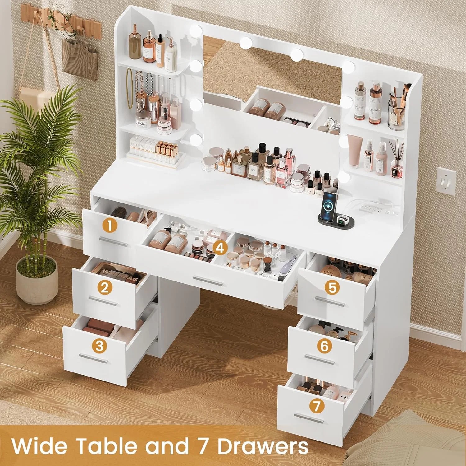 New Arrivals Large Vanity Desk with LED Lighted Mirror & Power Outlet, Makeup Vanity Table with 7 Drawers - Image 3