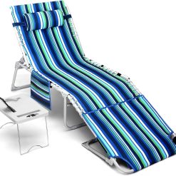 New Arrivals Beach Chair Face Holes, Lounge Chair Outdoor with Folding Side Table, 5-Position Recliner, Max 330lbs