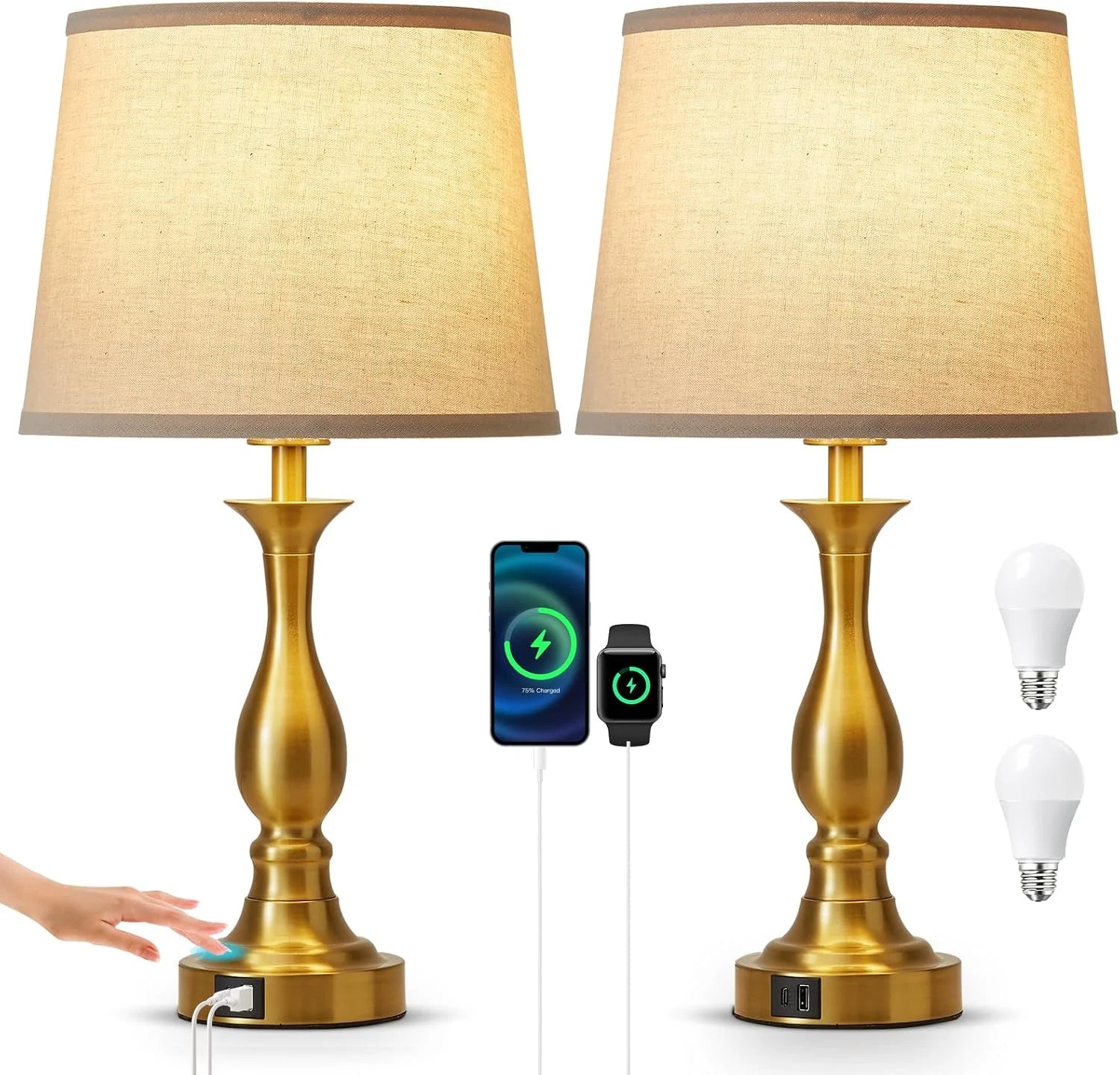 Bedside Table Lamp Touch Control Bedroom Lamps with USB A and C Charging Port 3 Way Dimmable Touch Lamps for Nightstand bifanuoyard