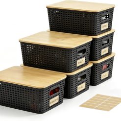 Small Plastic Storage Bins with Bamboo Lids 5.2qt Stackable Box Basket Pantry Decorative Containers Cute with bifanuoyard