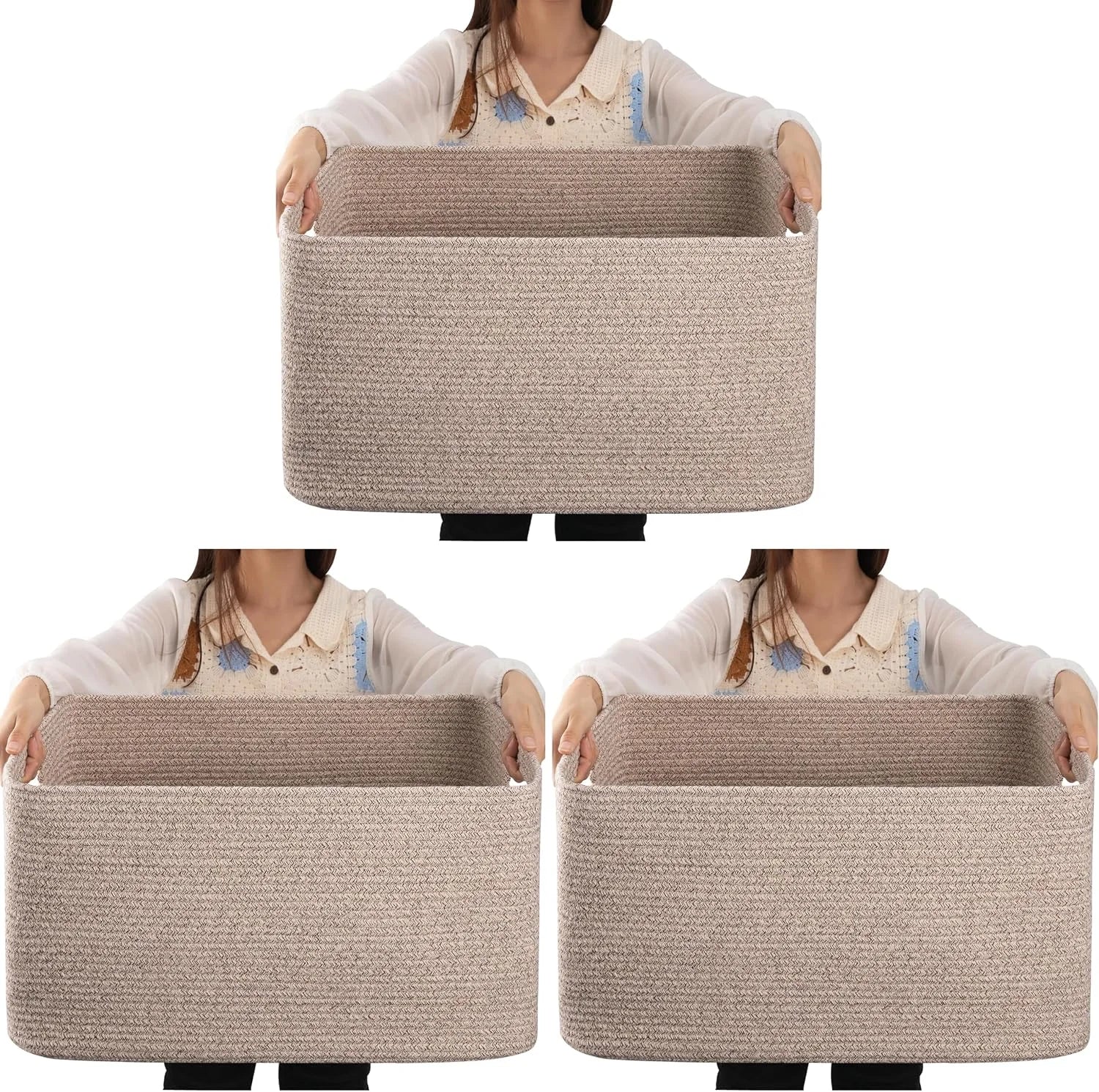 Large Blanket Basket, Storage Baskets with Handle, Rectangle Woven Cotton Rope Basket, Toy Organizer Bins, 22 x bifanuoyard - Image 4