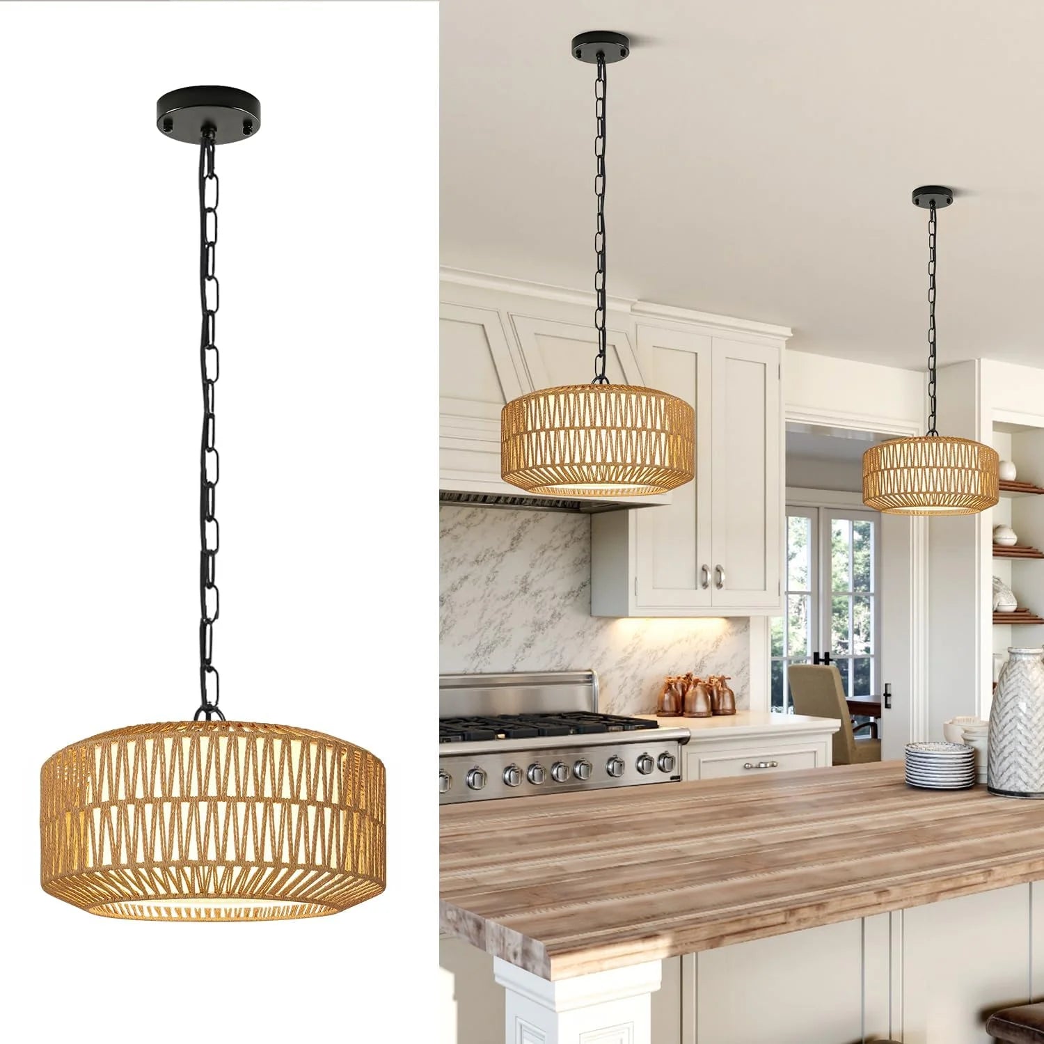 9-52 Height Adjustable Farmhouse Chandelier Light Fixture, 5-Light Rattan Boho Chandeliers for Dining Room bifanuoyard - Image 8