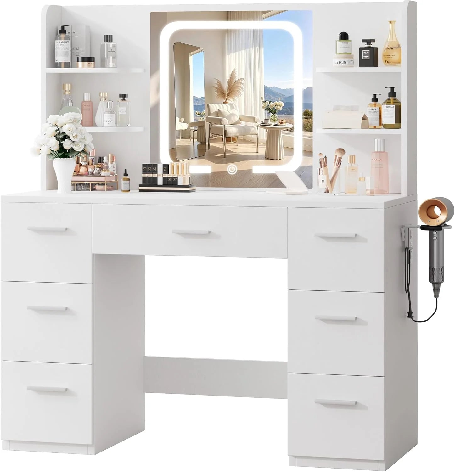 New Arrivals 43 Large White Makeup Vanity Desk with Charging Station, Smart LED Mirror, 7 Drawers, 4 Shelves