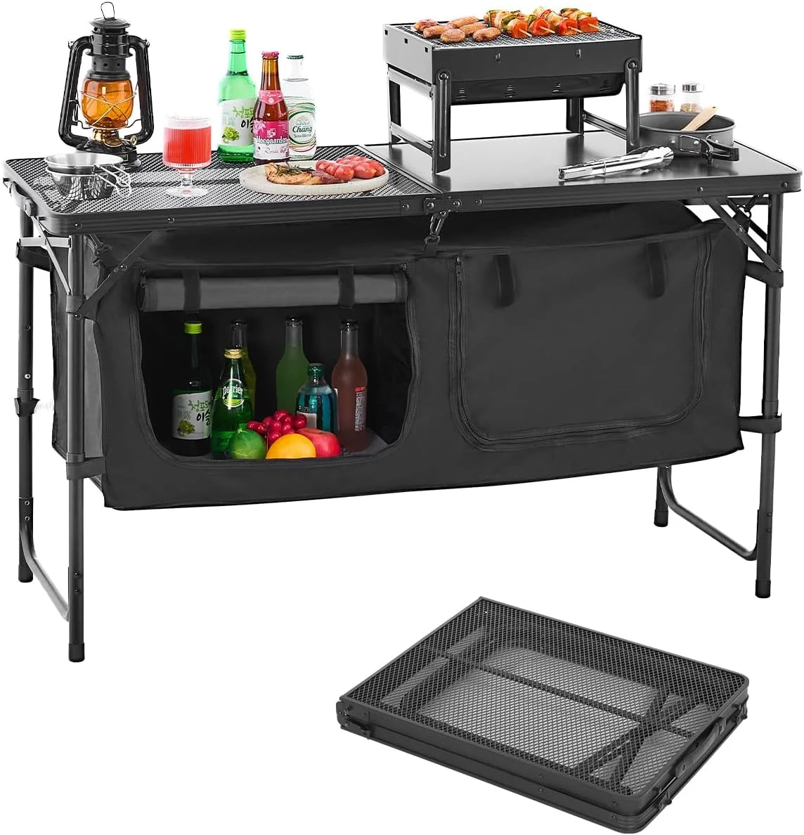 New Arrivals Camping Kitchen Station, 3 Adjustable Height Folding Outdoor Camp Cooking Table with Storage Organizer - Image 3