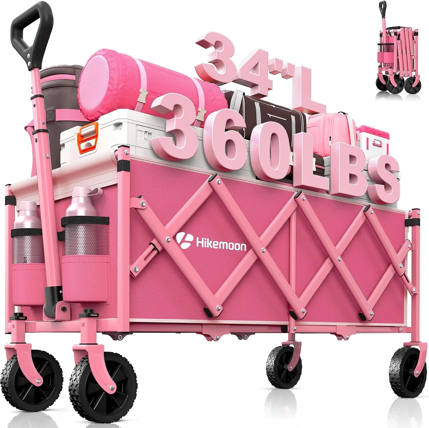 New Arrivals 34” Extra Long Folding Portable Wagon Cart, 120L 360LBS Black - Image 4