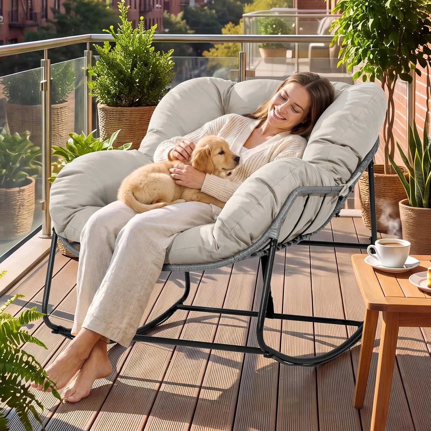 Bifanuo Oversized Egg Rocking Chair for Indoor/Outdoor – All-Weather Wicker Rattan Lounge Chair with Cushion - Image 3