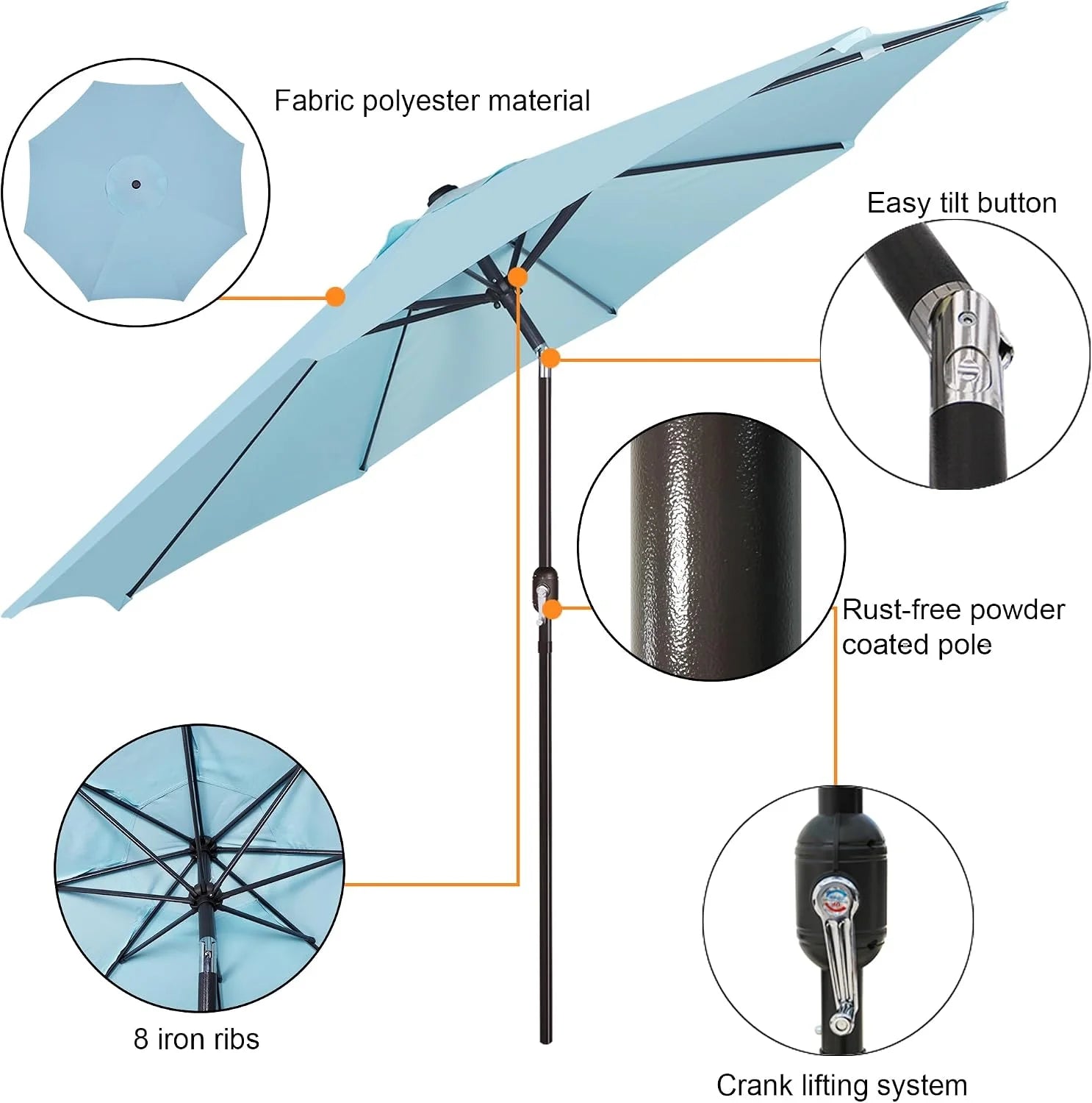 Blissun 9′ Outdoor Patio Umbrella, Outdoor Table Umbrella, Yard Umbrella, Market Umbrella with 8 Sturdy Ribs - Image 5