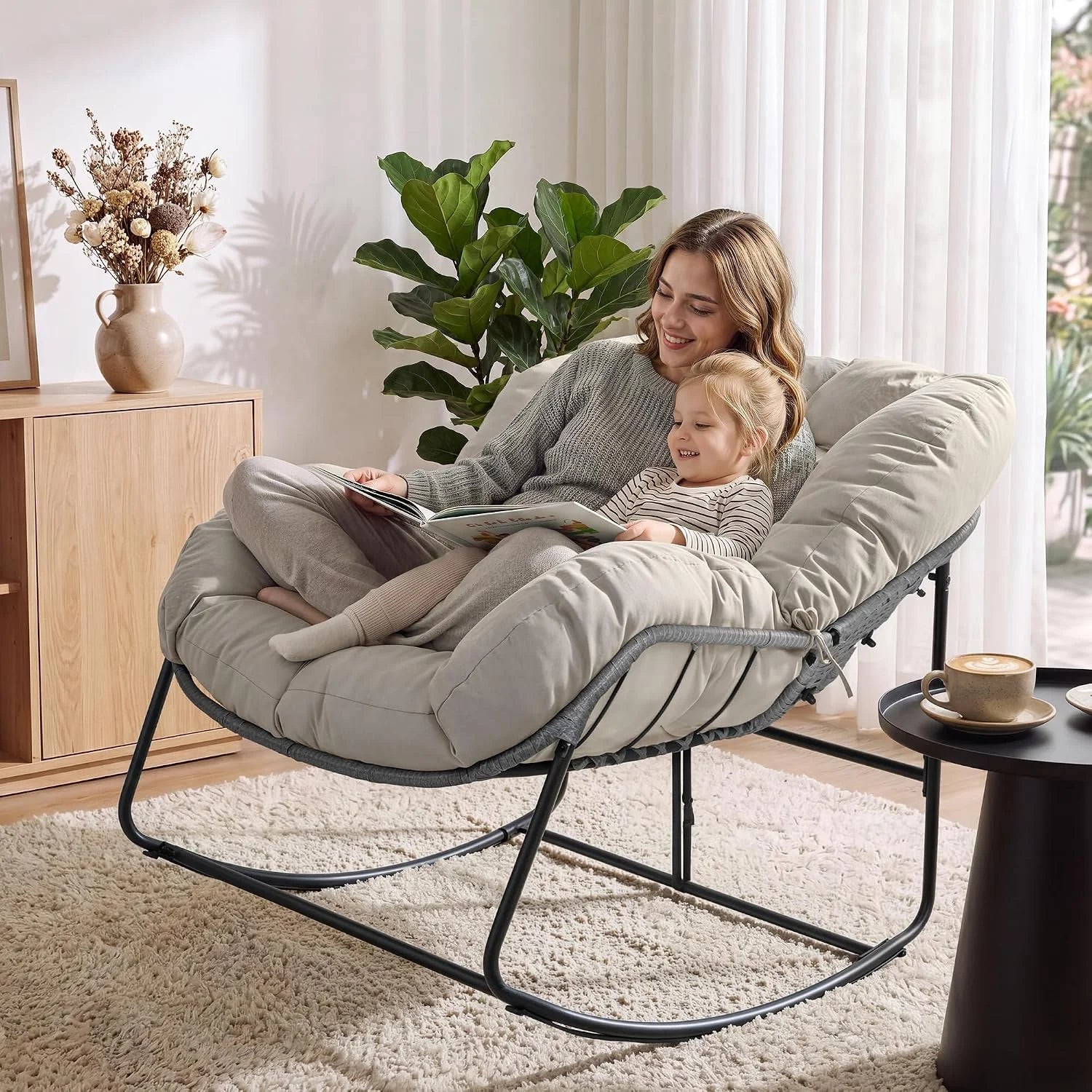 Bifanuo Oversized Egg Rocking Chair for Indoor/Outdoor – All-Weather Wicker Rattan Lounge Chair with Cushion