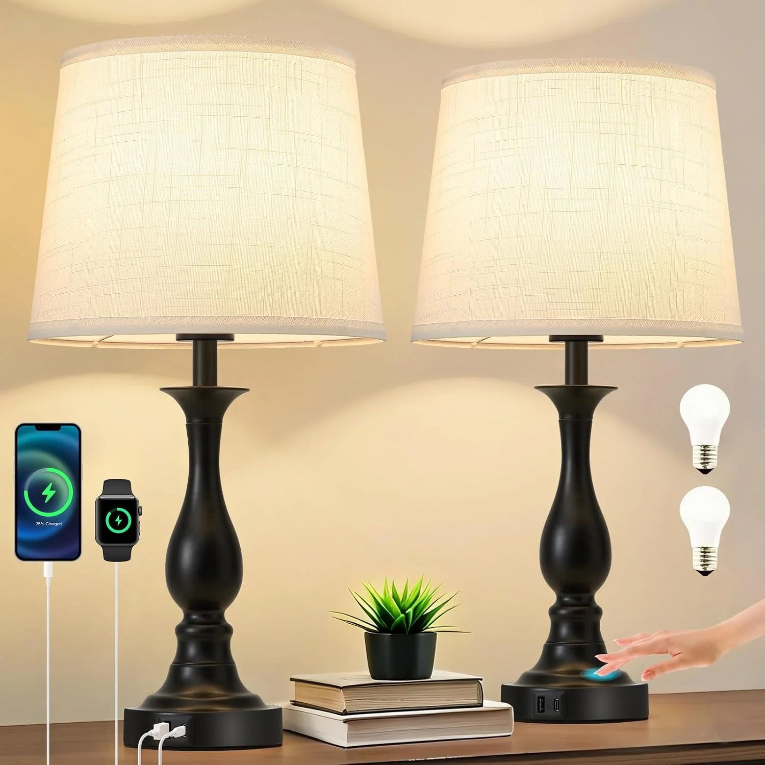 Bedside Table Lamp Touch Control Bedroom Lamps with USB A and C Charging Port 3 Way Dimmable Touch Lamps for Nightstand bifanuoyard - Image 8