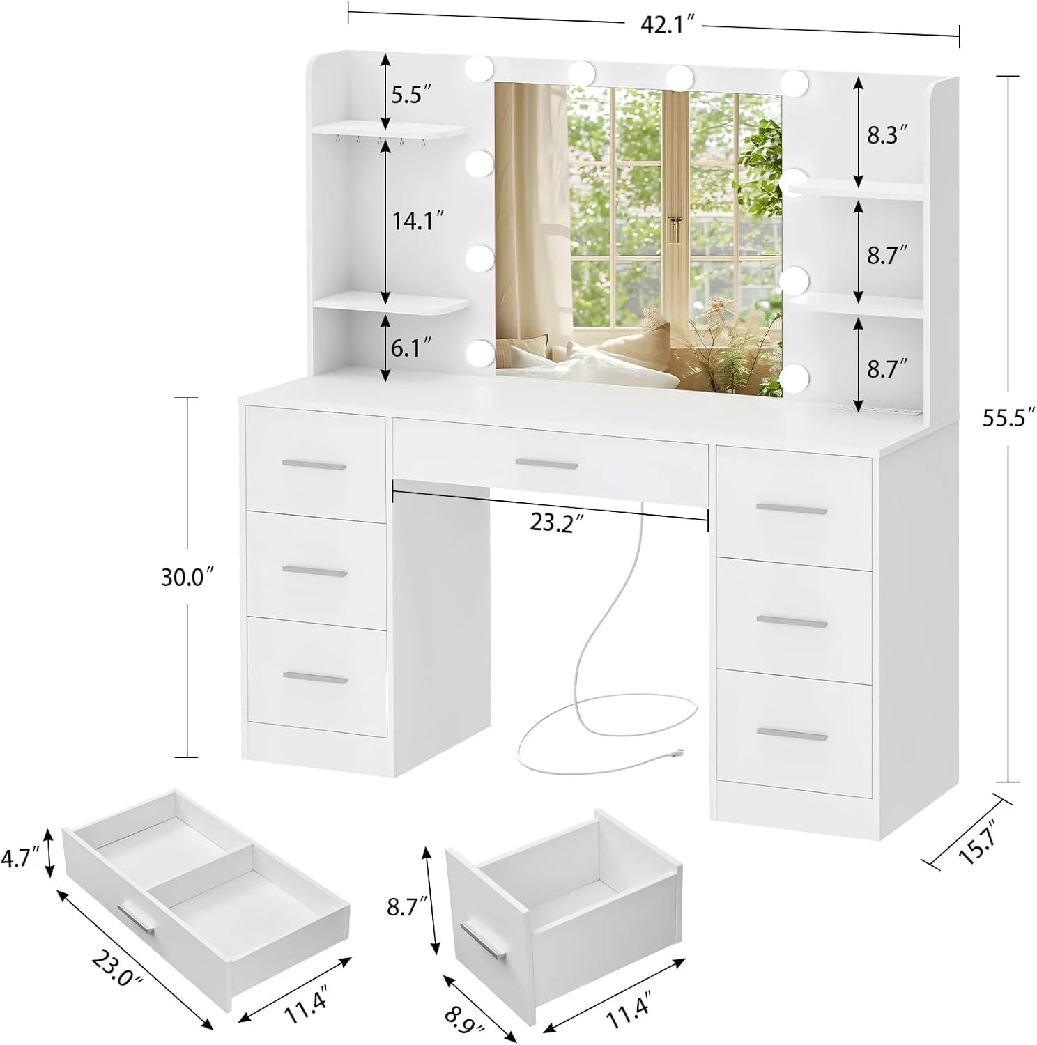 New Arrivals Large Vanity Desk with LED Lighted Mirror & Power Outlet, Makeup Vanity Table with 7 Drawers - Image 6