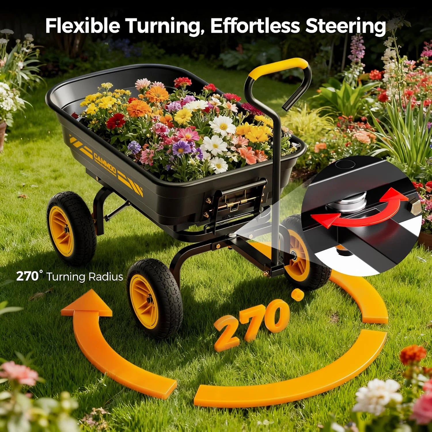 10-in NO-FLAT TIRES 600lb Heavy-Duty Garden Dump Cart 4 Cu.Ft. Utility Wagon with Quick-Release Dumping & Prime - Image 8
