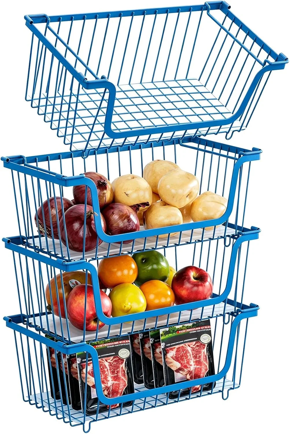 Stackable Wire Baskets Pantry Organizers and Storage Bins, Black, Breathable Metal Design with Rotating - Image 4
