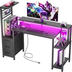 Alternative view of New Arrivals 48 Inch Gaming Desk with LED Lights & Power Outlets, Computer Desk with Fabric Drawers & Side Hook