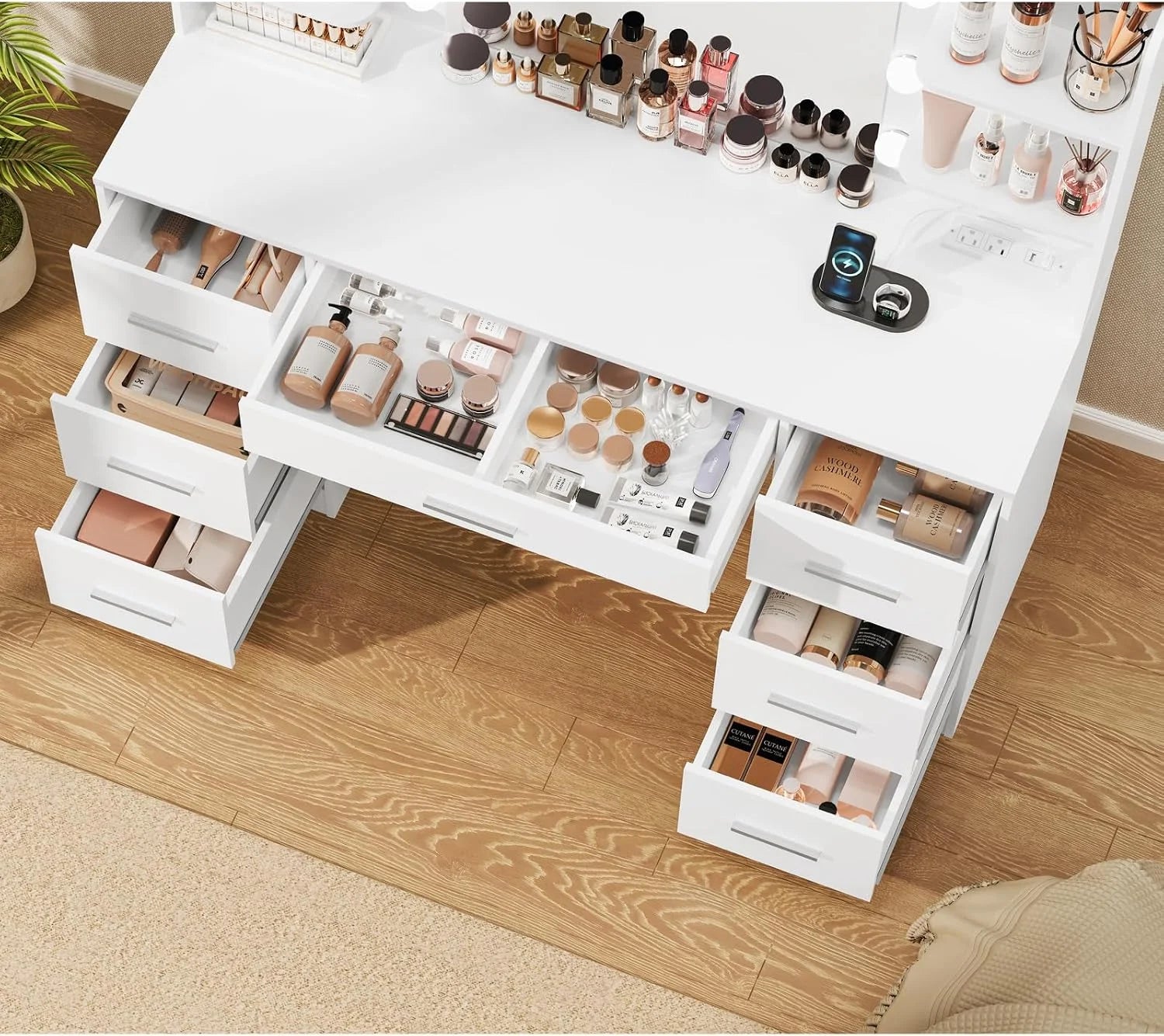 New Arrivals Large Vanity Desk with LED Lighted Mirror & Power Outlet, Makeup Vanity Table with 7 Drawers - Image 8