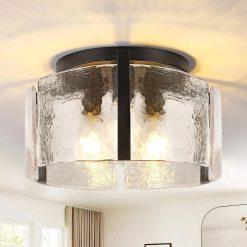 Alternative view of Modern Gold Semi Flush Mount Ceiling Light, Dimmable, 3-Light Farmhouse Glass Drum Light Fixture