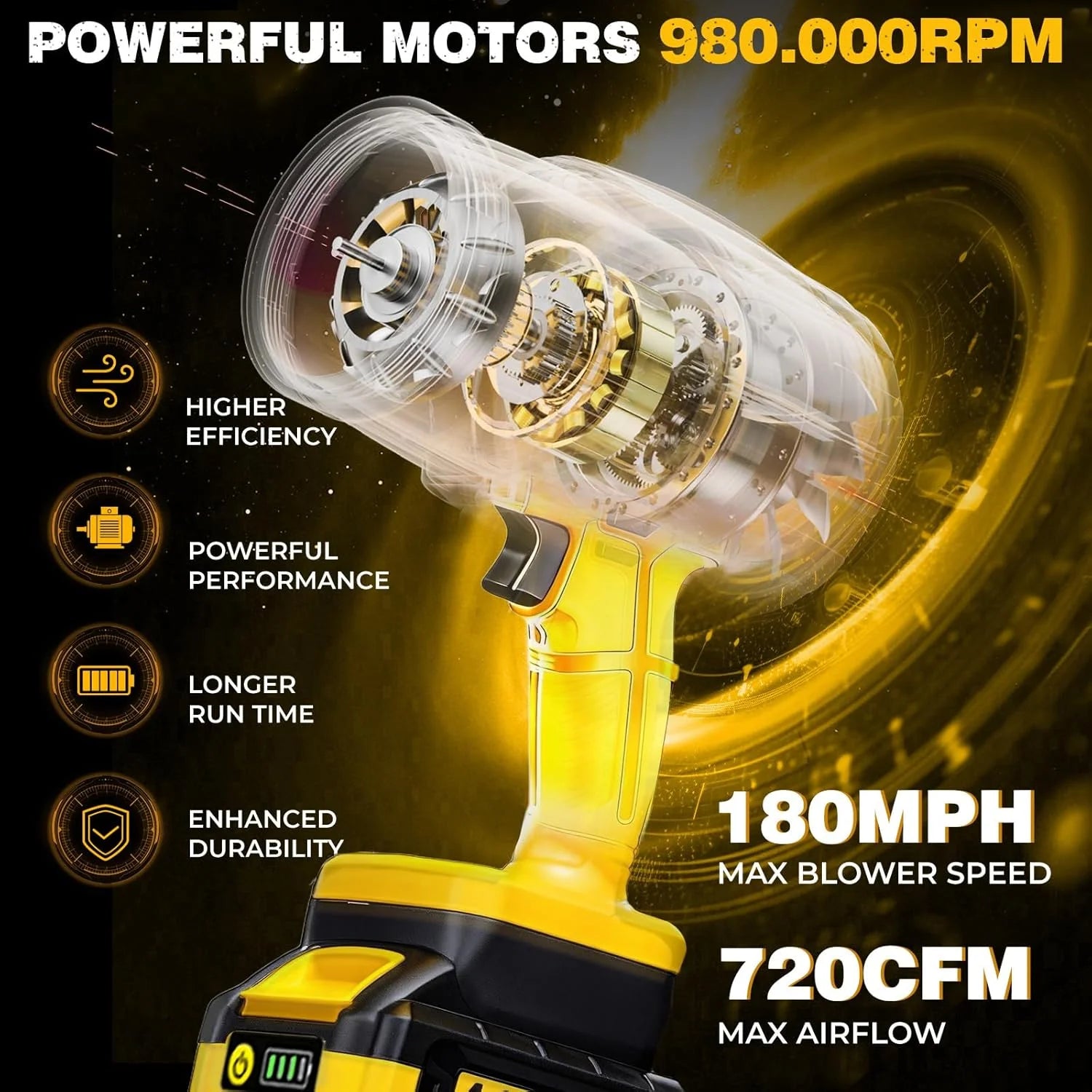 New Arrivals Leaf Blower for DEWALT 20V Max Battery, 720-CFM 180-MPH Handheld Electric Brushless Dust Blower with Light " For Yard Cleanup - Image 3