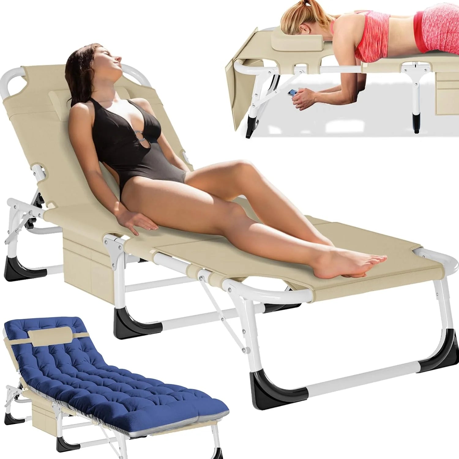 New Arrivals Folding Lounge Chair 5-Position, Folding Cot, Portable Outdoor Chaise Lounge Chair for Sun Tanning - Image 5