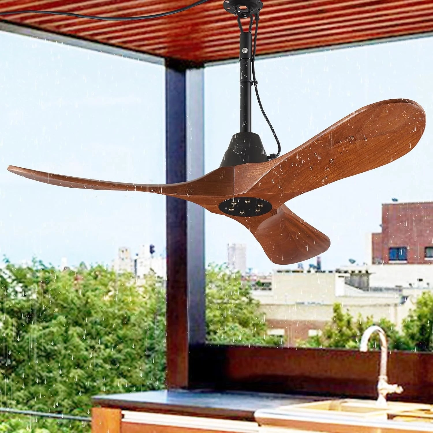 New Arrivals 3 Blades Wood Outdoor Ceiling Fan with Light for Patios, Farmhouse Rustic Ceiling Fans with Lights - Image 4