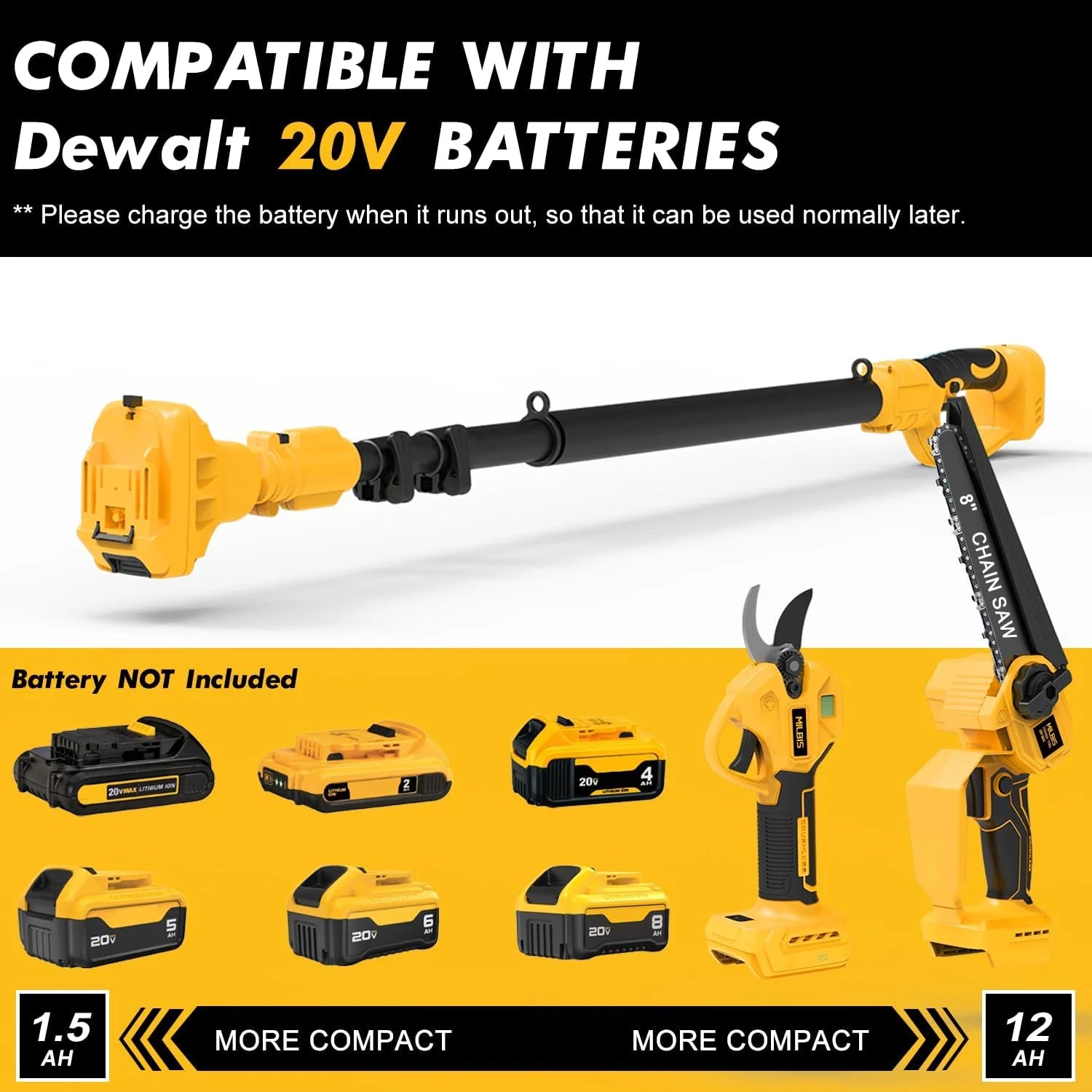 Cordless Pole Saw & Electric Pruning Shears for DeWalt 20V Battery
