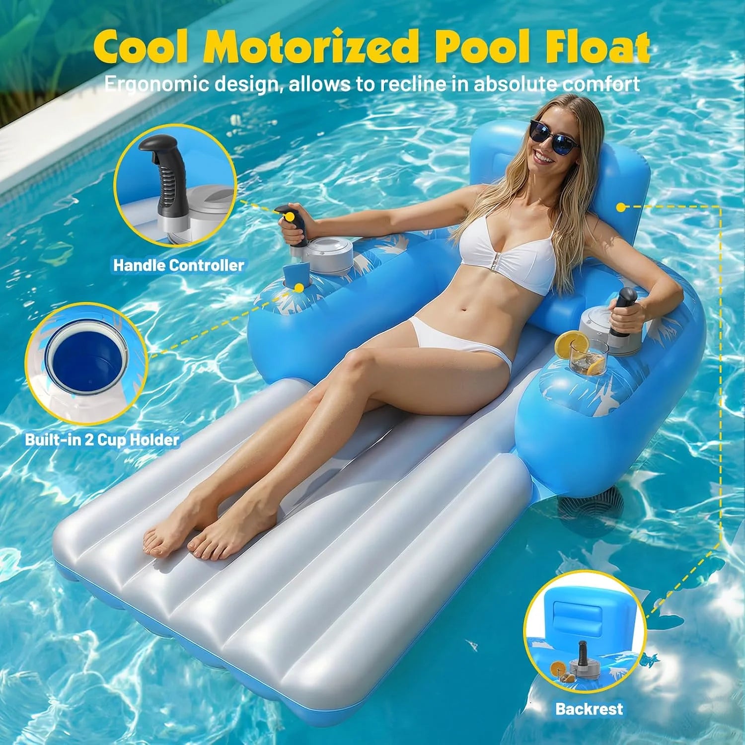 New Arrivals Inflatable Motorized Pool Floats for Adults, Rechargeable Pool Lounger with Dual Motors & 2 Storage - Image 3