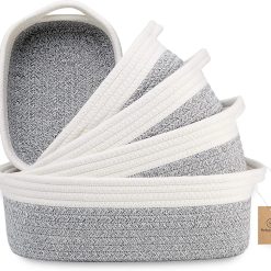 New Arrivals 5-Piece Rectangle Storage Basket Set- Natural Cotton Rope Woven for Organizing! Small Basket