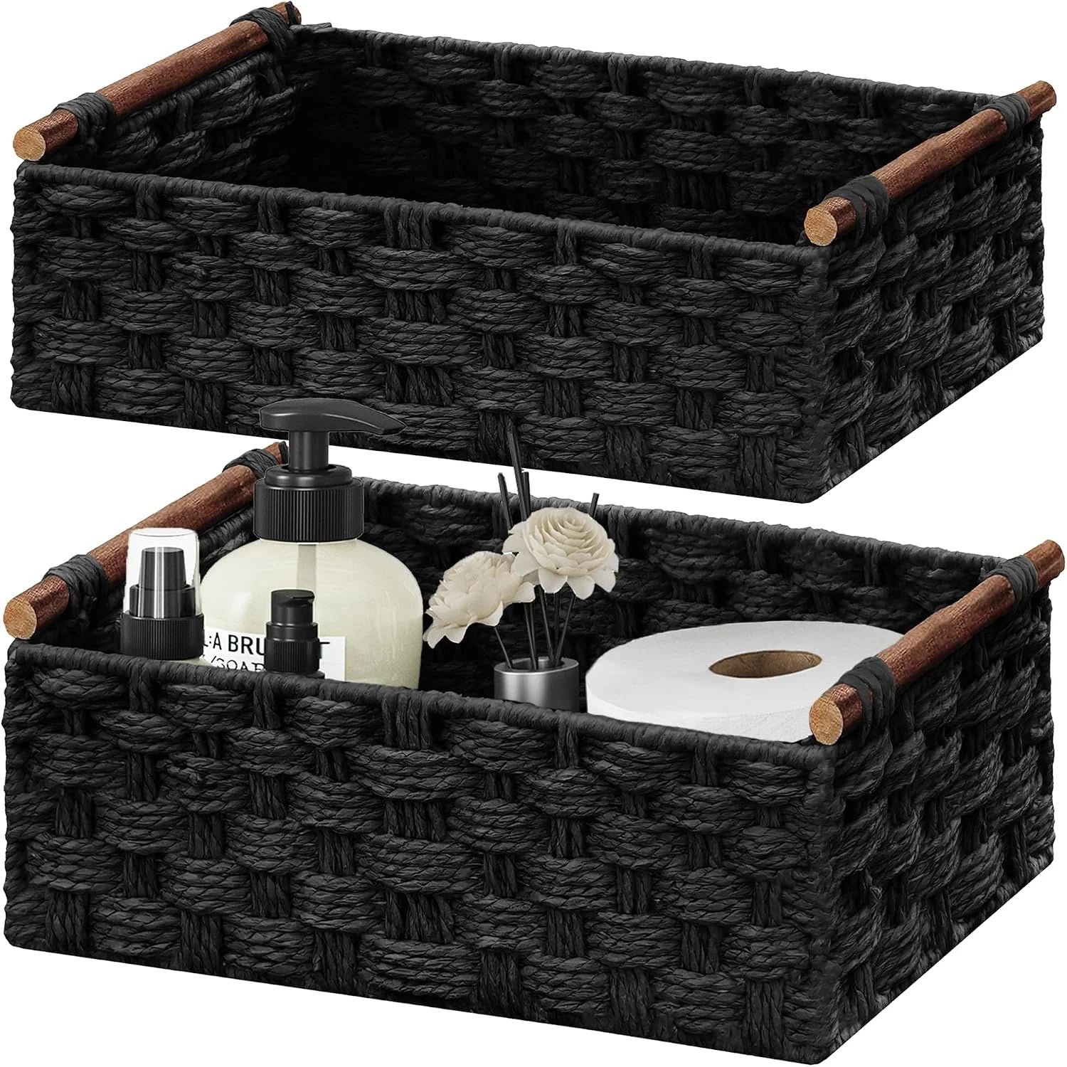 New Arrivals Storage Basket, Set of 2 Hand-Woven Paper Rope Wicker Basket for Organizing with Handle Decorative Storage - Image 2