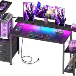 New Arrivals 48 Inch Gaming Desk with LED Lights & Power Outlets, Computer Desk with Fabric Drawers & Side Hook