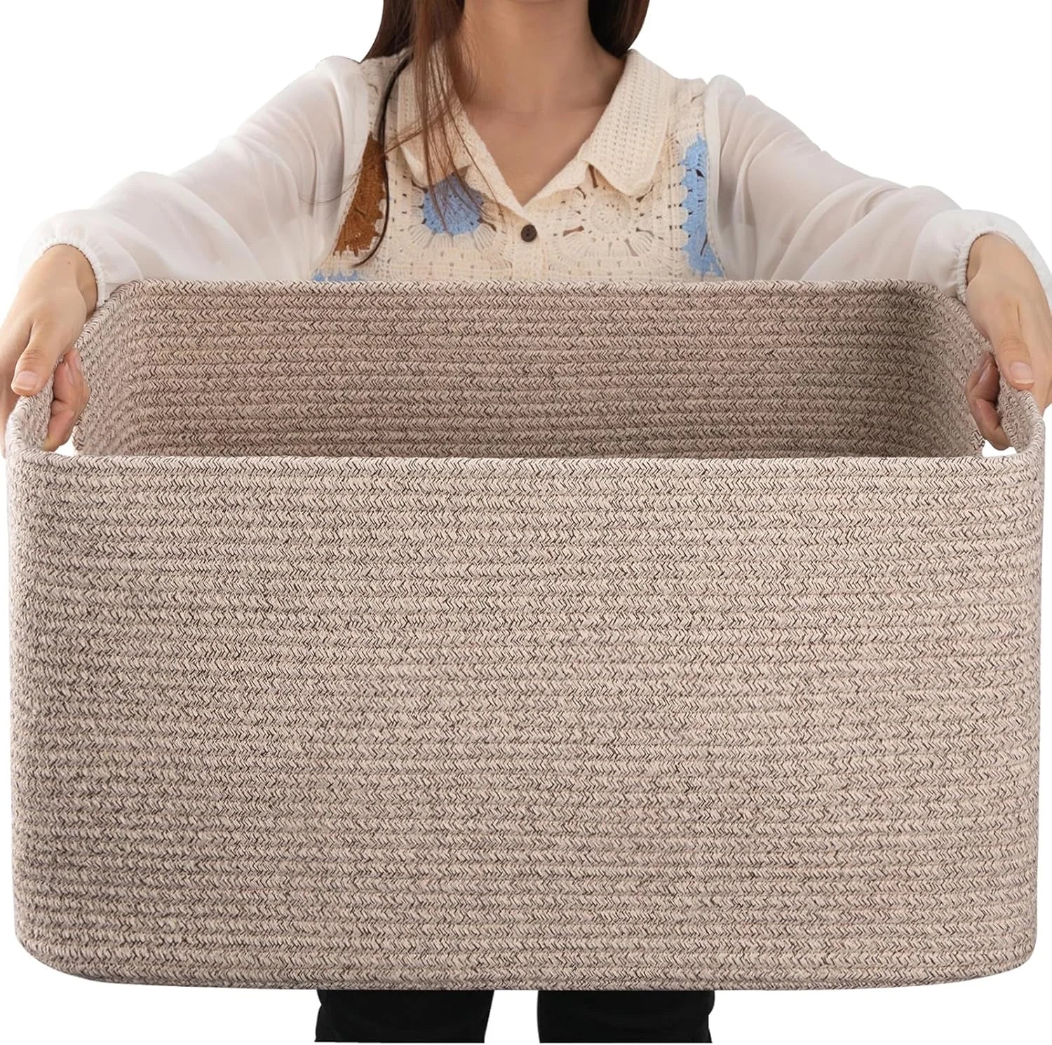 Large Blanket Basket, Storage Baskets with Handle, Rectangle Woven Cotton Rope Basket, Toy Organizer Bins, 22 x bifanuoyard - Image 5