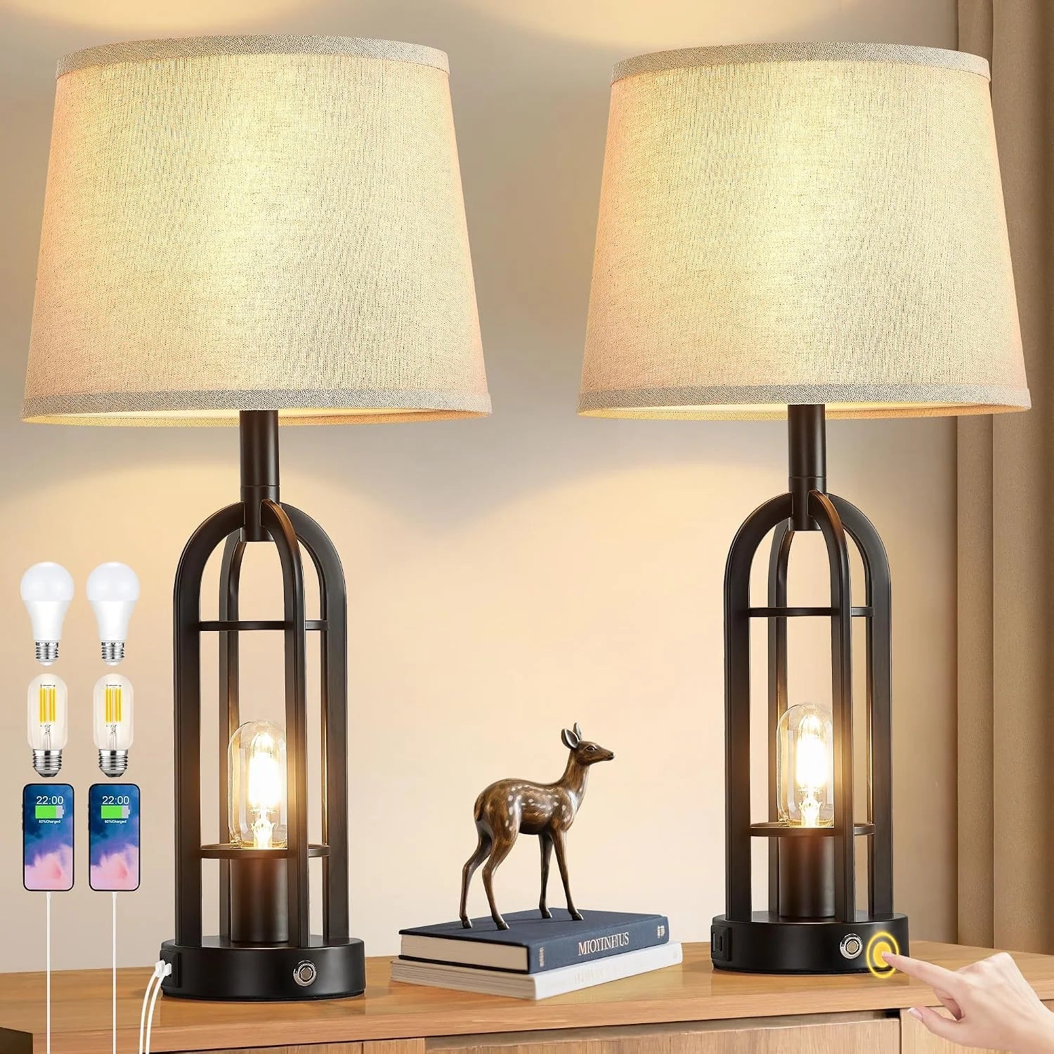 New Arrivals Black Table Lamps for Living Room Set of 2, Farmhouse Lamps for Night Stands with USB A+C - Image 7