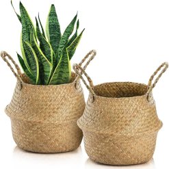 Woven Seagrass Plant Basket with Handles, Ideal Wicker Baskets Storage Plant Pot Baskets for Laundry
