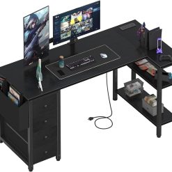 Alternative view of Lufeiya White L Shaped Computer Desk with Drawers & Storage Shelves, 47 Inch Corner Reversible Desk with Power Outlet bifanuoyard
