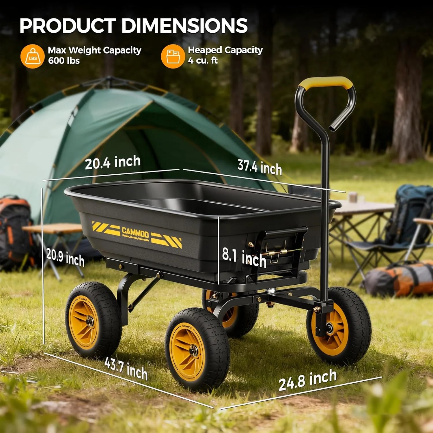 10-in NO-FLAT TIRES 600lb Heavy-Duty Garden Dump Cart 4 Cu.Ft. Utility Wagon with Quick-Release Dumping & Prime - Image 9