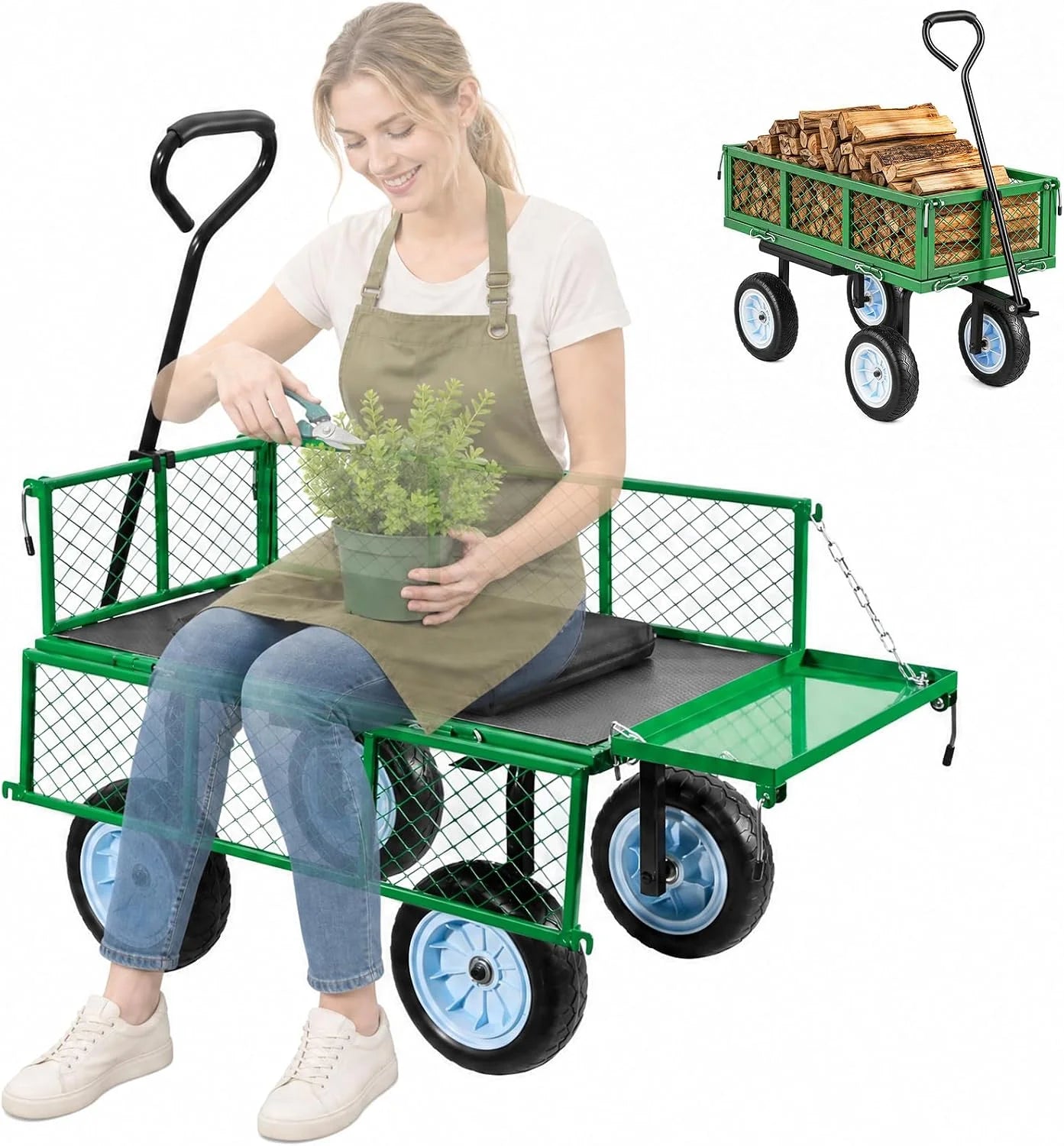 New Arrivals VEVOR 500 LBS Steel Garden Cart with Work Seat, Heavy Duty Garden Wagon Cart on Wheels - Image 3