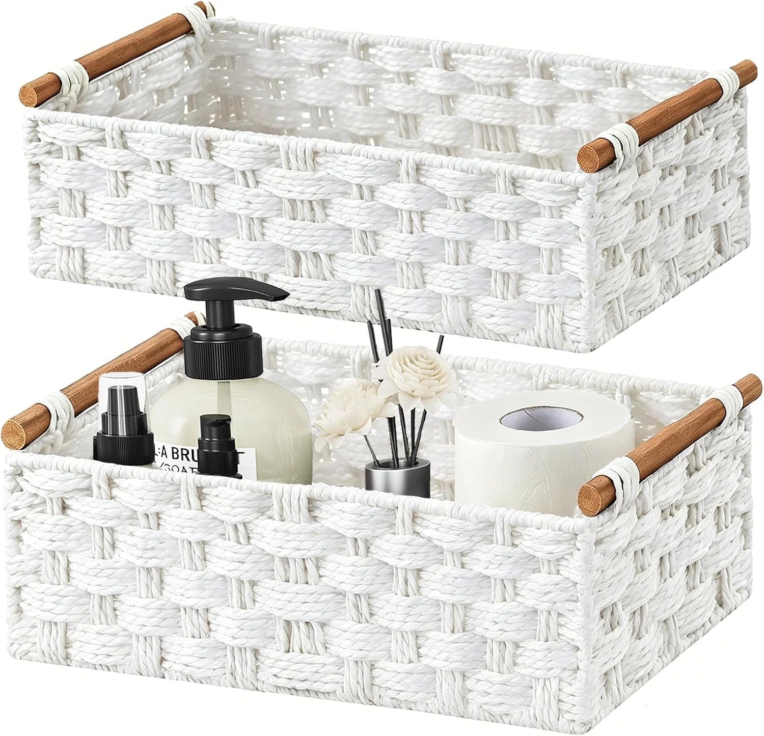 New Arrivals Storage Basket, Set of 2 Hand-Woven Paper Rope Wicker Basket for Organizing with Handle Decorative Storage