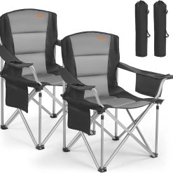 New Arrivals Oversized Camping Folding Chair, Portable Heavy Duty Outdoor Quad Lumbar Back Padded with Side Pockets, 2 Pack