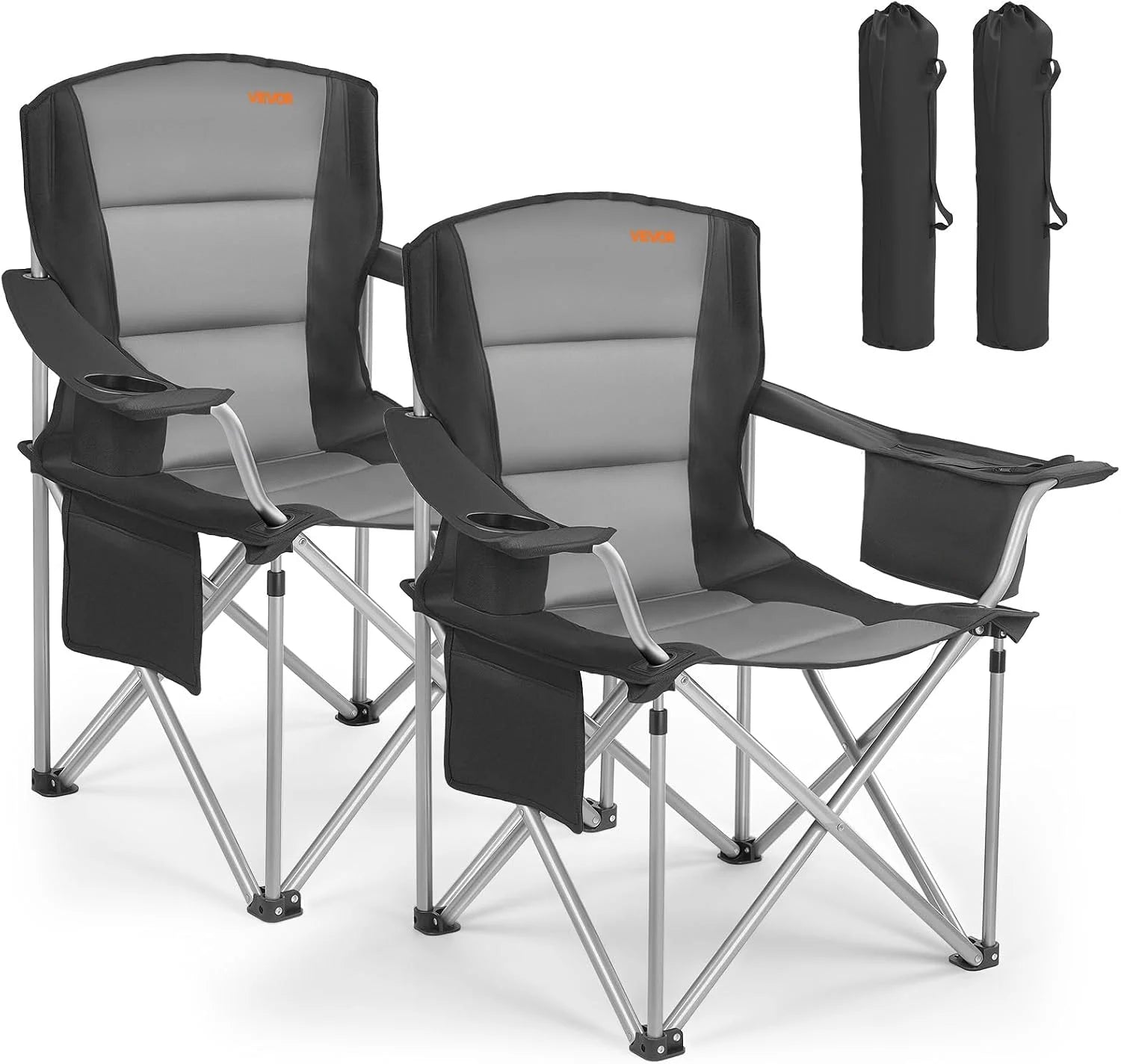 New Arrivals Oversized Camping Folding Chair, Portable Heavy Duty Outdoor Quad Lumbar Back Padded with Side Pockets, 2 Pack