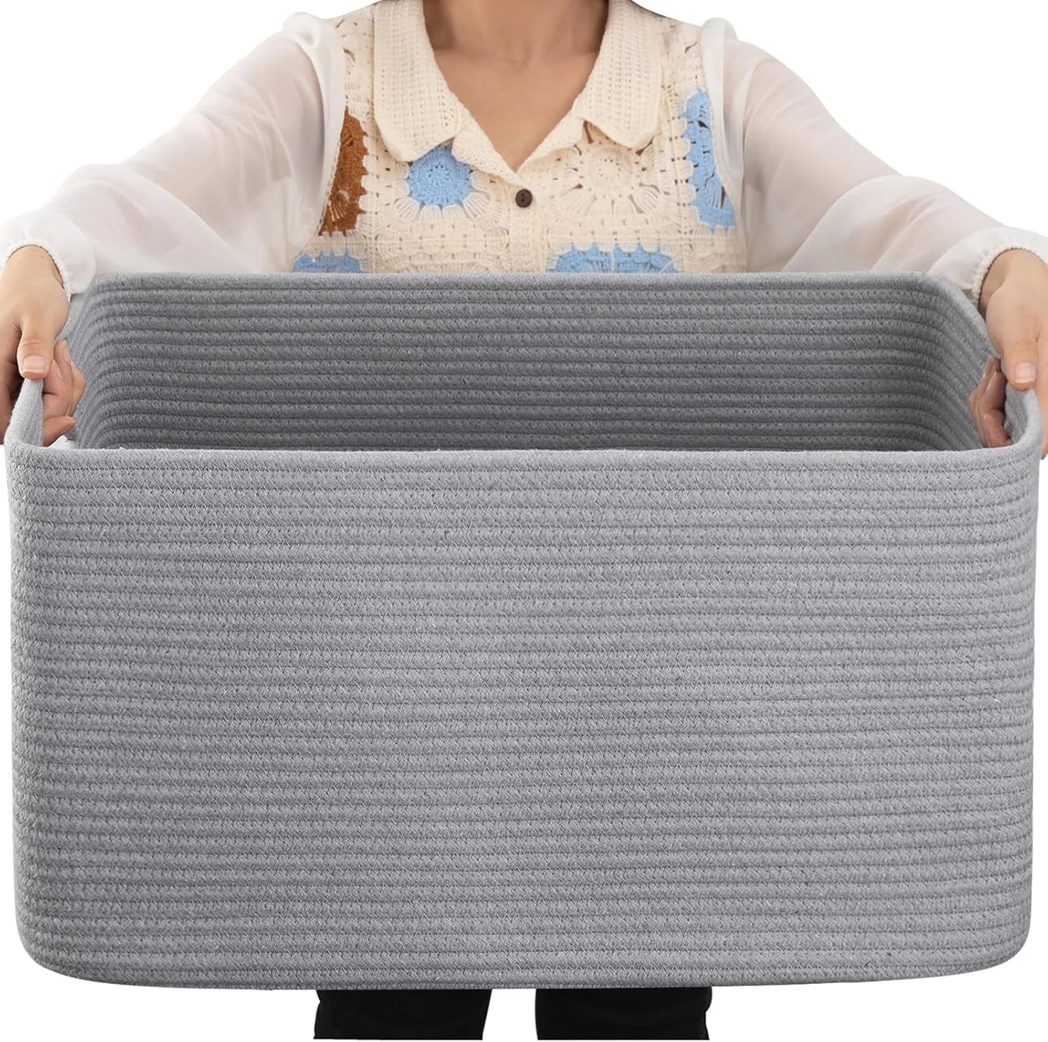 Large Blanket Basket, Storage Baskets with Handle, Rectangle Woven Cotton Rope Basket, Toy Organizer Bins, 22 x bifanuoyard - Image 14