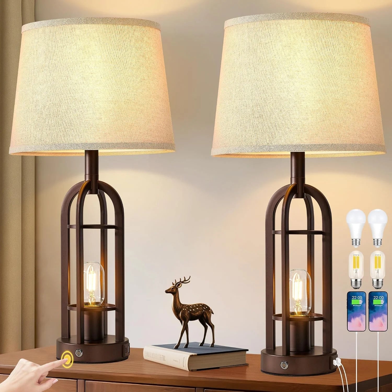 New Arrivals Black Table Lamps for Living Room Set of 2, Farmhouse Lamps for Night Stands with USB A+C - Image 2
