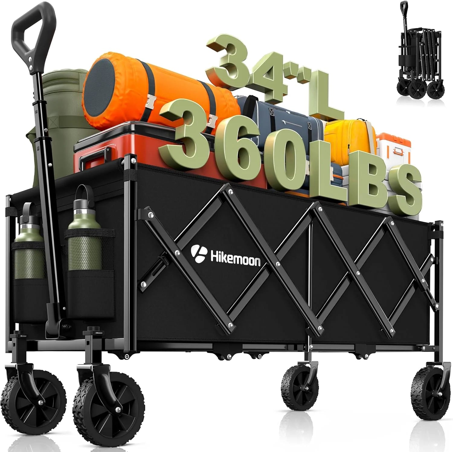 New Arrivals 34” Extra Long Folding Portable Wagon Cart, 120L 360LBS Black, Heavy Duty - Image 6