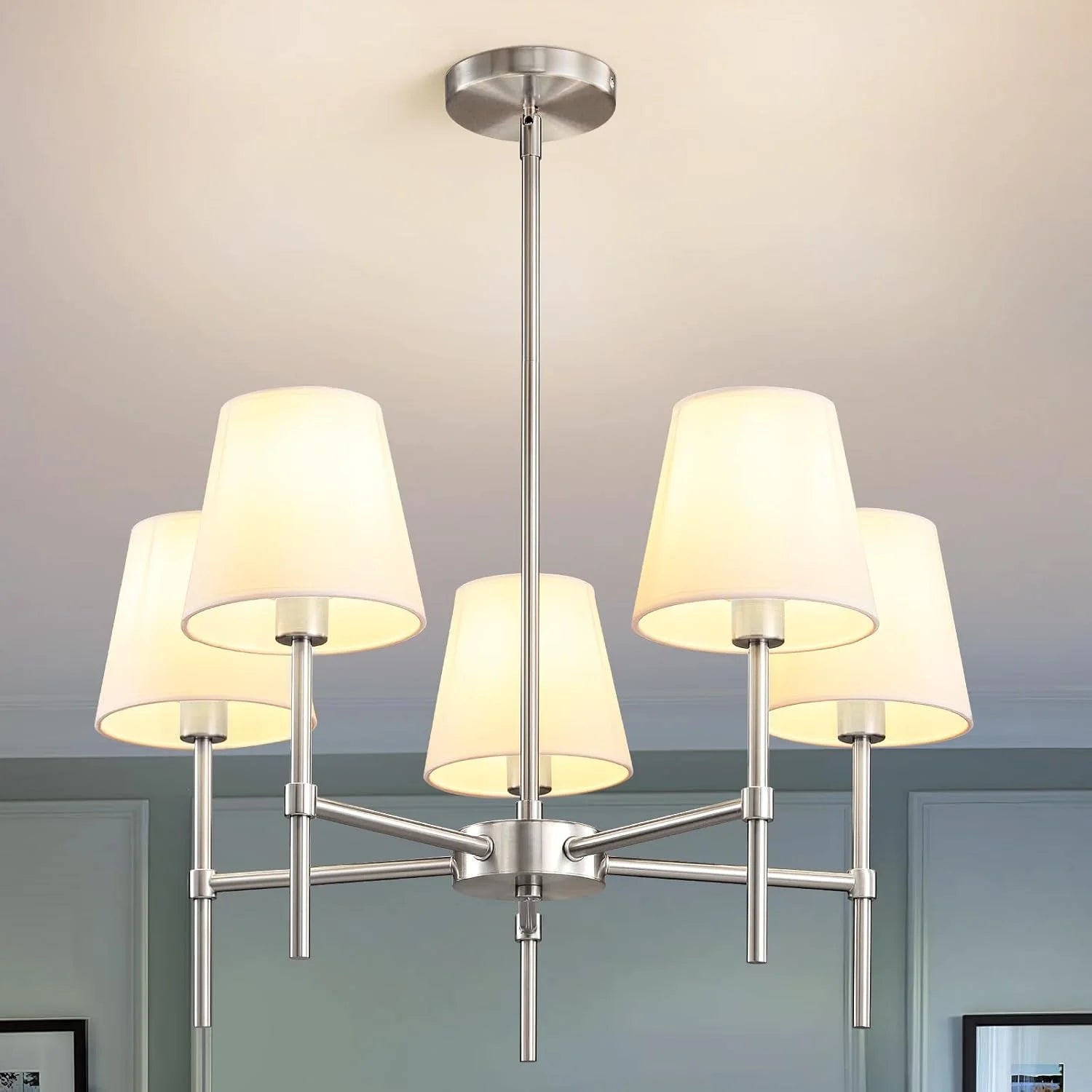New Arrivals Dining Room Chandeliers Light, 5-Light Gold Modern Chandeliers Light Fixtures with White Fabric Shade - Image 3