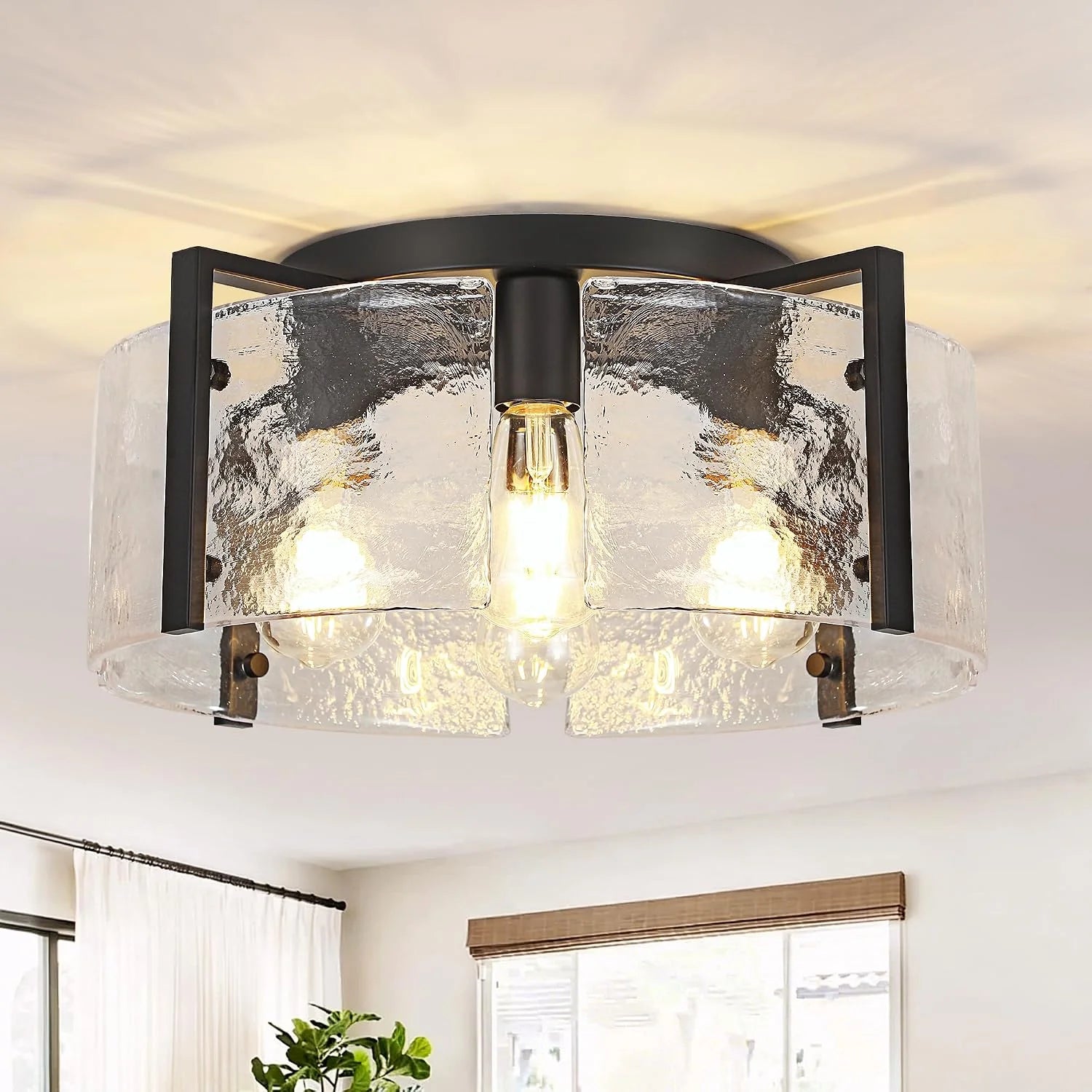 Modern Gold Semi Flush Mount Ceiling Light, Dimmable, 3-Light Farmhouse Glass Drum Light Fixture