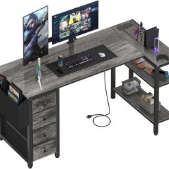 Lufeiya White L Shaped Computer Desk with Drawers & Storage Shelves, 47 Inch Corner Reversible Desk with Power Outlet bifanuoyard