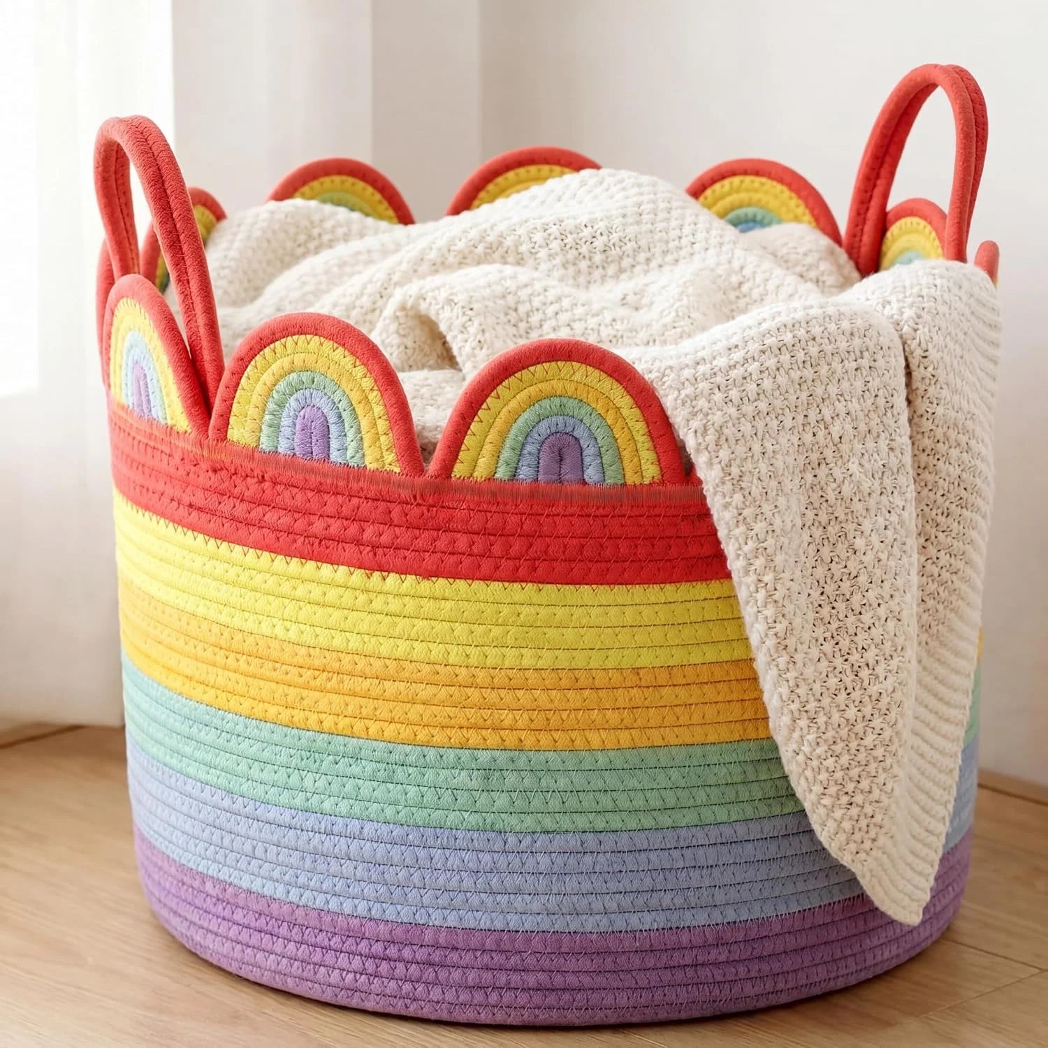 Woven Basket Brown, 16 L X 16 W X 14 H, Large Storage for Blankets Toys Laundry, Cotton Rope Scalloped Edge bifanuoyard - Image 3